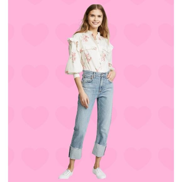 Rebecca Taylor Maia Ivory & Pink Floral Ruffled Victorian Cotton Blouse Sz 10 L - Picture 3 of 12